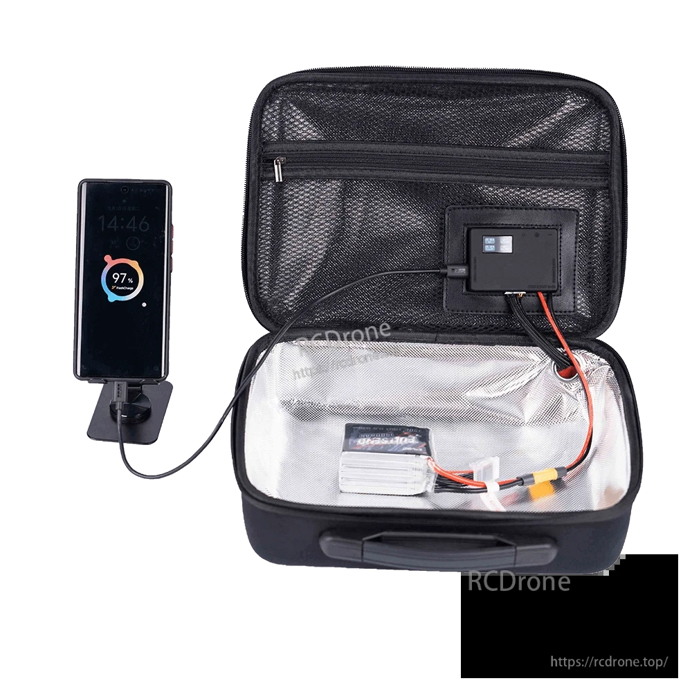 Open iFlight heated battery case with insulated lining, built-in control screen, and LiPo battery charging a phone via USB