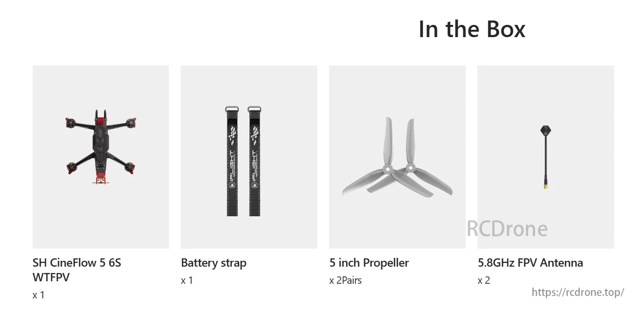 iFlight SH CineFlow 5 6S WTFPV drone kit with battery strap, propellers, and antennas.