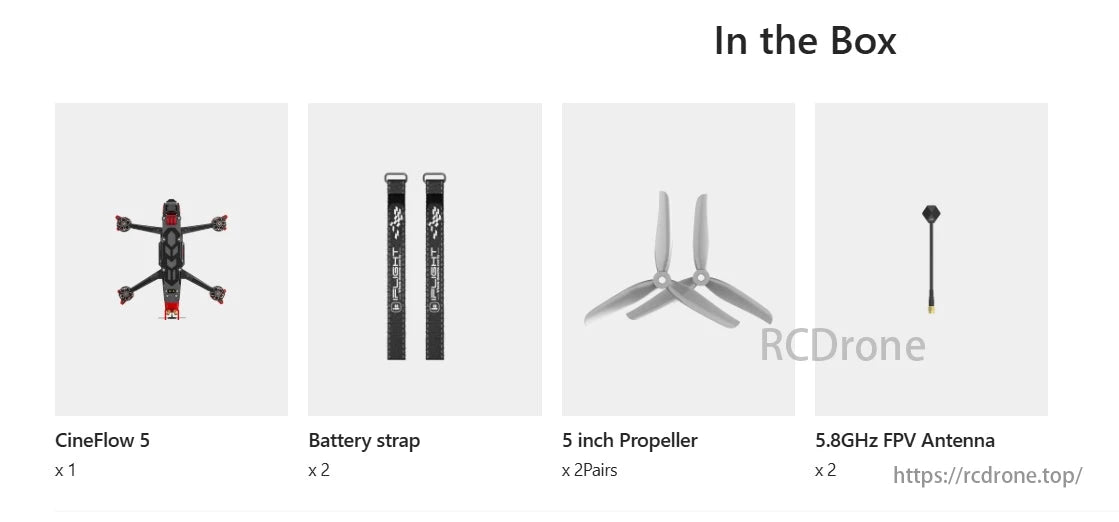 The CineFlow 5 drone box includes 2 battery straps, 2 propeller pairs, and 2 FPV antennas.
