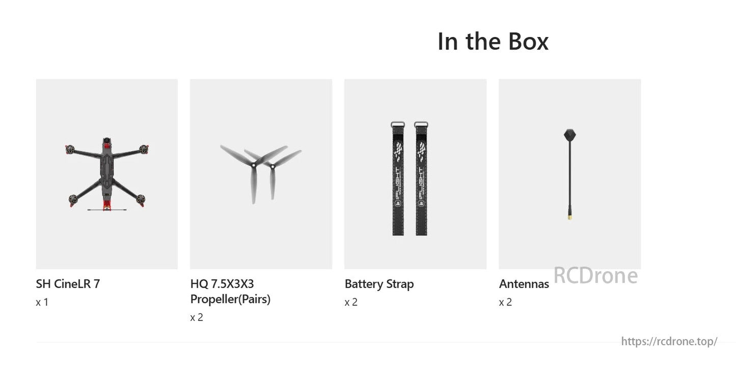 SH CineLR 7 drone package includes HQ 7.5X3X3 propellers (2 pairs), battery straps (2), and antennas (2).