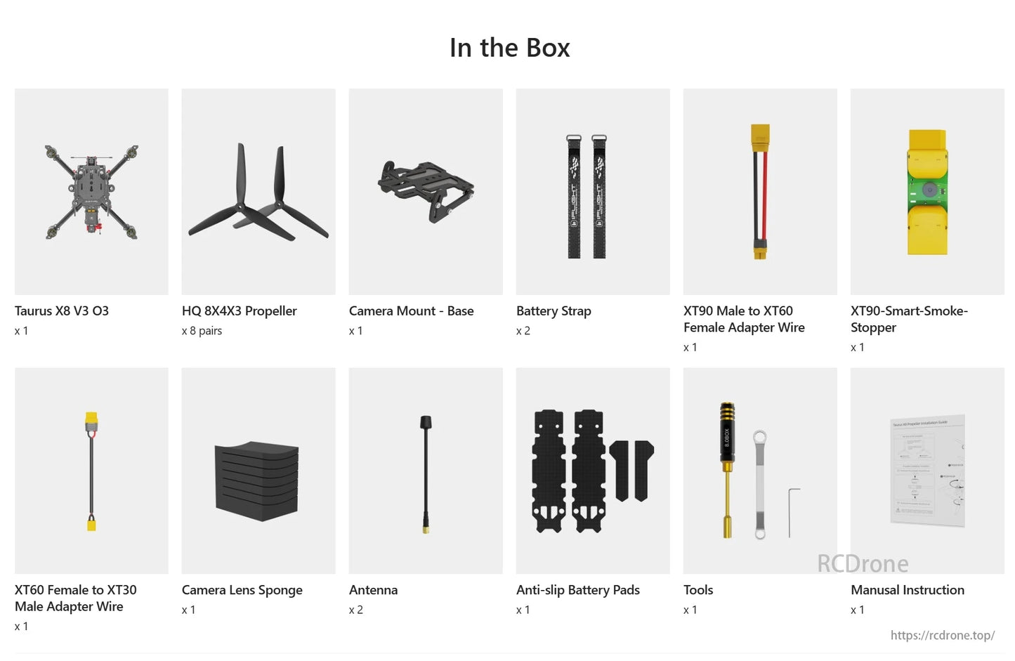 Taurus X8 V3 O3 package includes propellers, camera mount, battery strap, adapters, lens sponge, antennas, pads, tools, and manual.