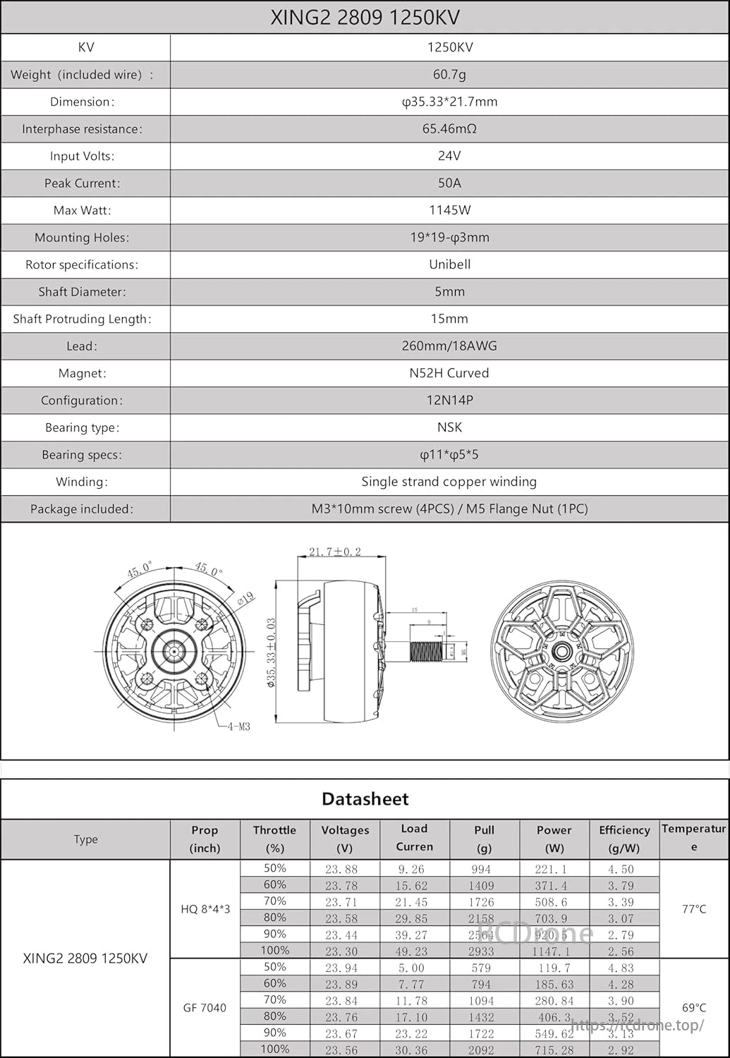 iFlight XING2 2809 Cinelifter Motor, XING2 2809 1250KV motor: 60.7g, 35.33x21.7mm, 65.46mΩ, 24V, 50A, 1145W. Unibell rotor, 5mm shaft, N52H magnet, NSK bearings, copper winding, with M3 screws and M5 nut.