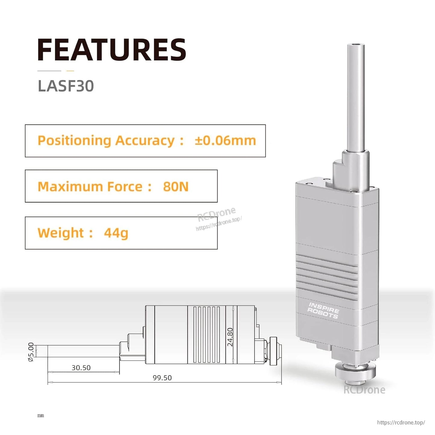 The LASF30 is a compact 44g micro linear servo with 30mm stroke, 80N force, ±0.06mm accuracy, and an integrated force sensor.