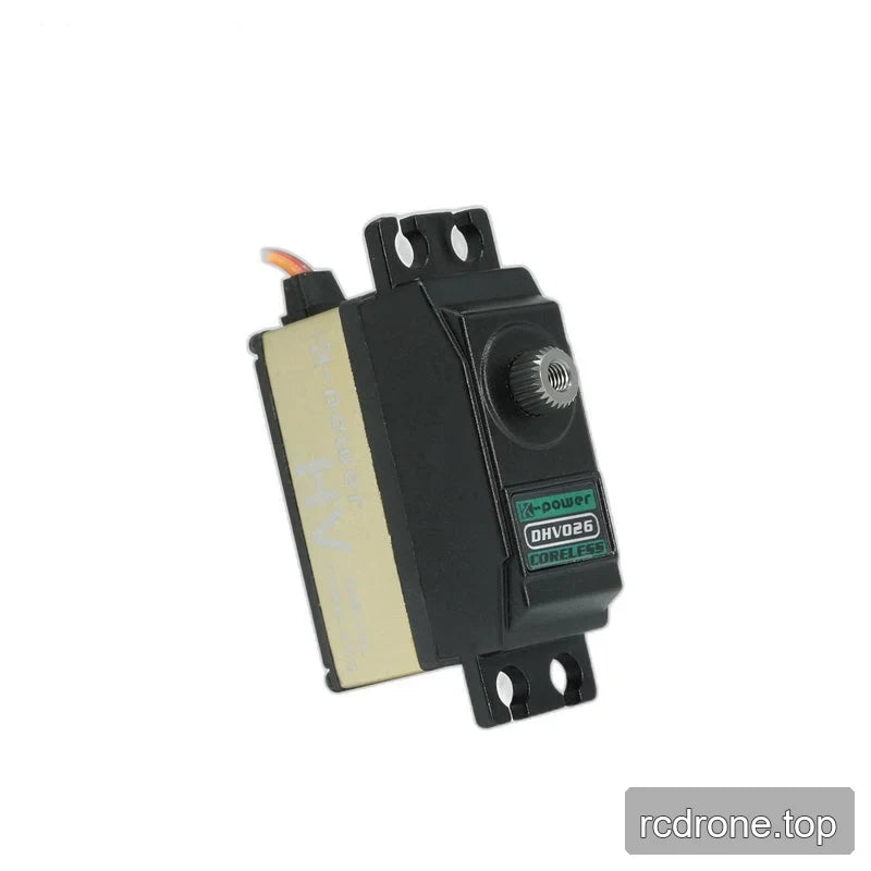 Diagonally upright servo showing the DHV026 CORELESS top label, threaded splined shaft, and slotted mounting tabs.