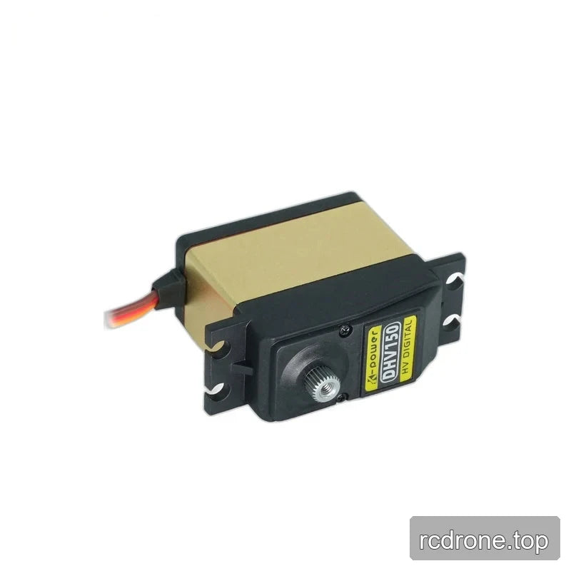 Reclined black and gold servo with the DHV150 label and splined shaft facing forward, and cable extending left.