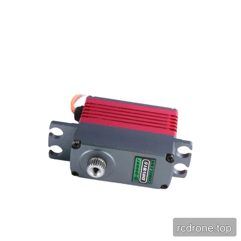 Sideways servo with its shaft cover facing forward, DHV816 label, slotted side tabs and pink-red ribbed housing above.