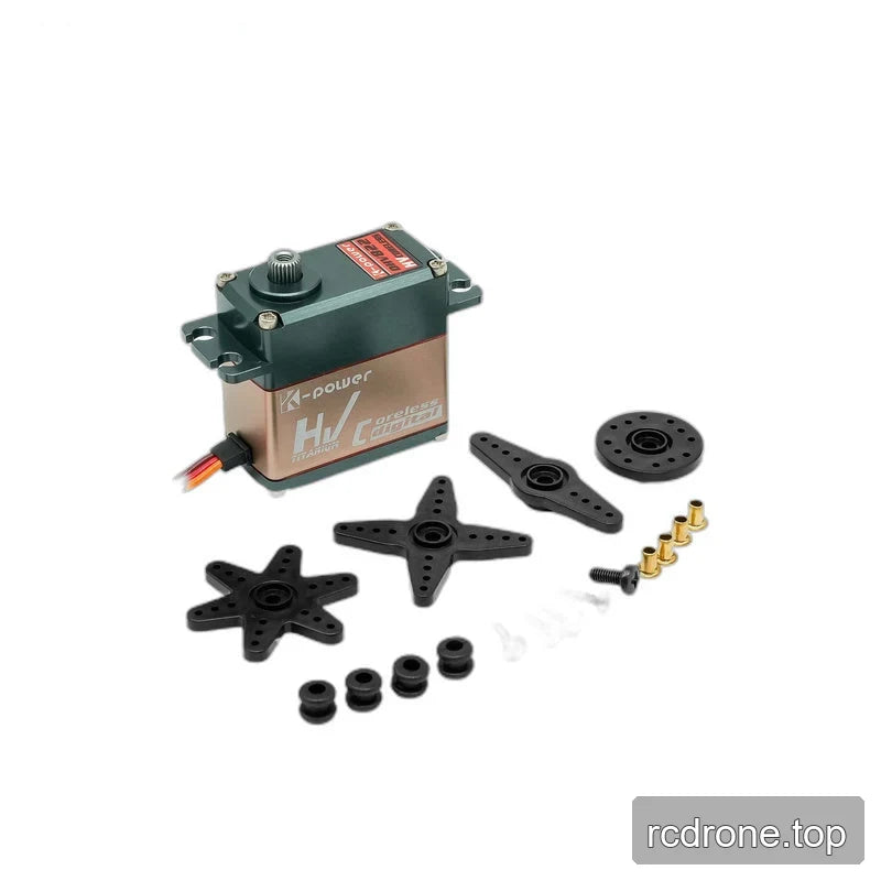 DHV822 servo beside four black servo horns, rubber grommets, brass-colored sleeves, and fastening hardware.