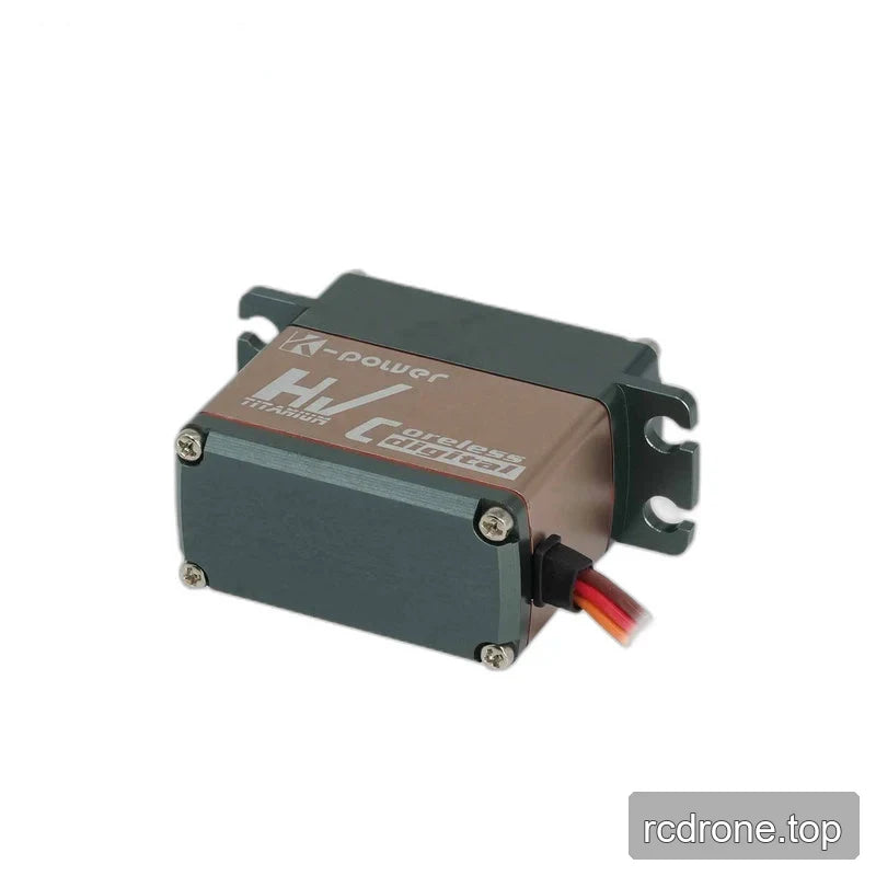 Angled underside view of servo with a dark four-screw bottom plate, bronze-colored side and three-color wire lead.