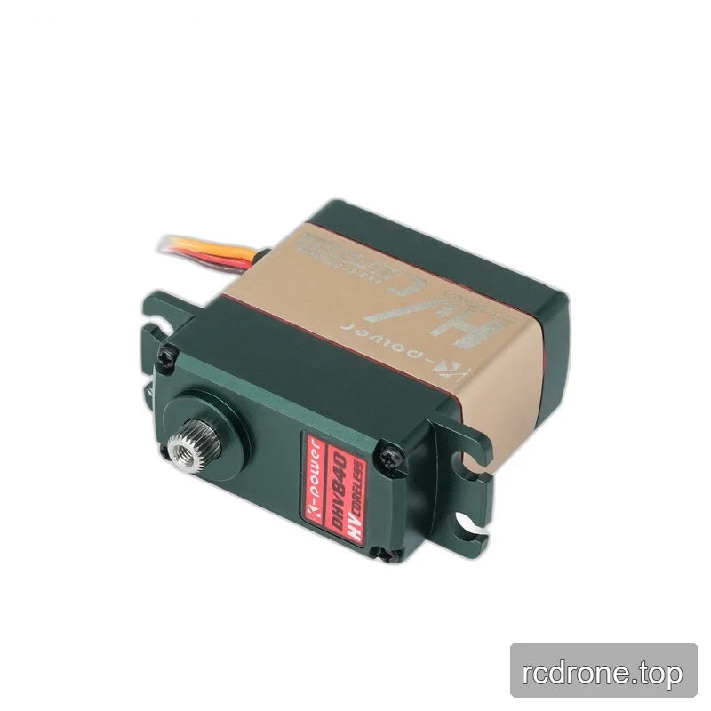 DHV840 servo lying diagonally, with the exposed splined shaft, red model label, gold housing, and mounting slots visible.
