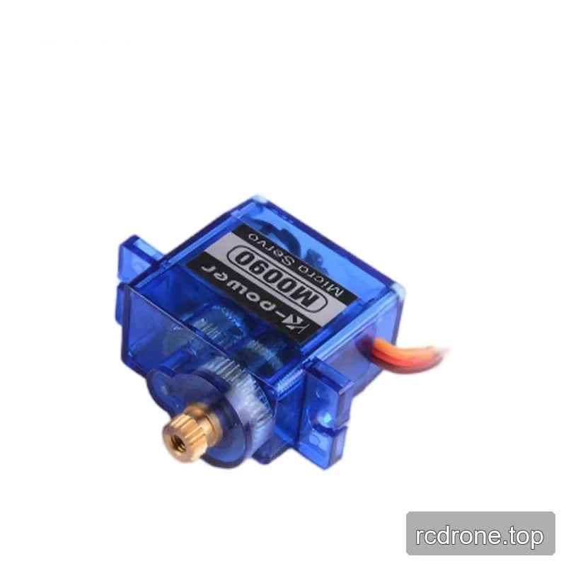 Diagonal view of a translucent blue servo with visible internal gears, a brass-colored shaft, and an orange-red wire lead.