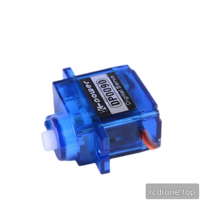 Sideways blue servo showing the internal motor through its translucent case, white shaft at left, and wires at right.