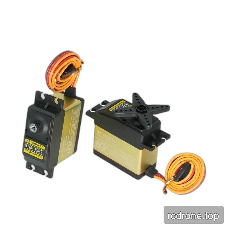 Two HBL150 servo views with coiled leads, showing an exposed output shaft on the left and a fitted four-arm horn on the right.
