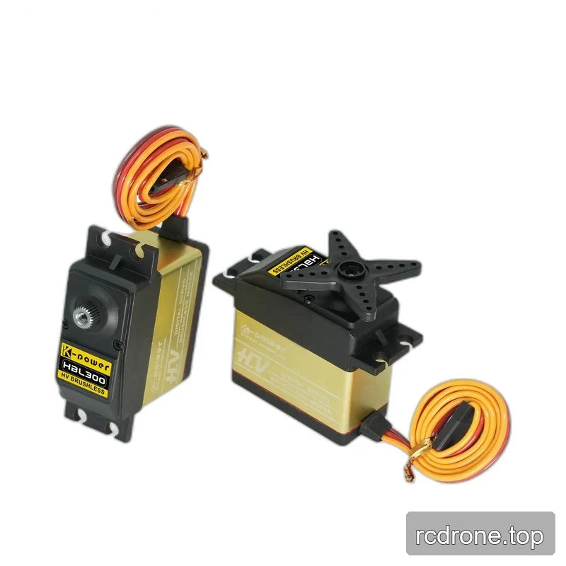 Two HBL300 servo views with coiled leads, showing a bare output shaft on the left and a fitted four-arm horn on the right.