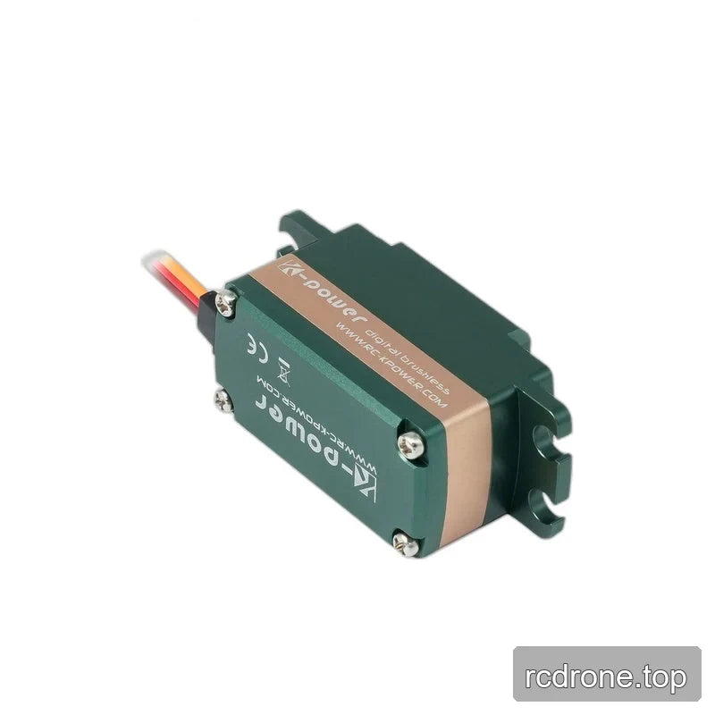 Underside of the green servo showing four silver cover screws, printed markings, copper-colored band, and mounting tabs.