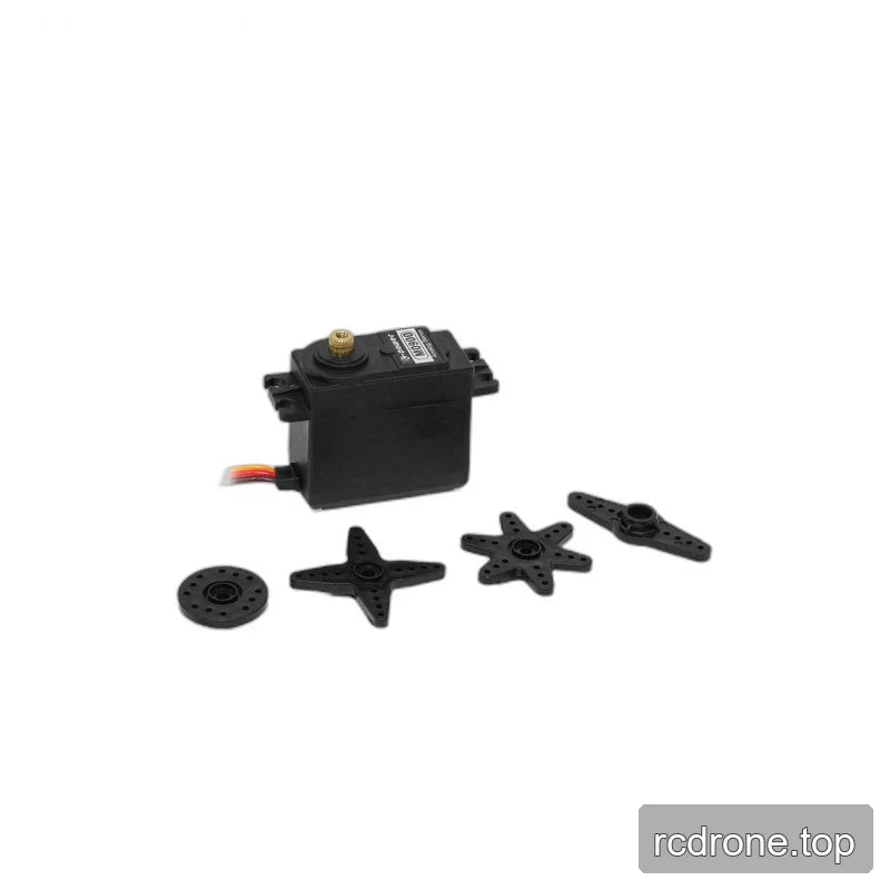Black servo displayed with four separate horns: round disc, four-arm, six-arm, and double-arm shapes.
