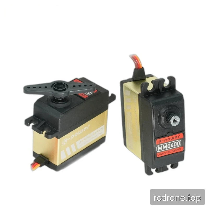 Two black and gold servos side by side, one with a double-arm horn and the other upright with an exposed splined shaft.