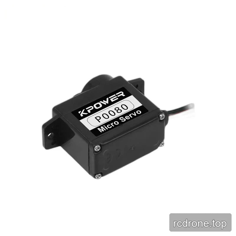 Angled view of the black P0080 servo showing its bottom cover with four corner screws, side label, and mounting tabs.