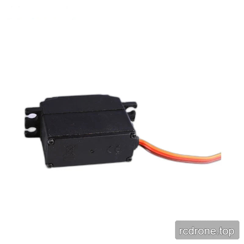 Rear view of the black servo housing, showing four cover screws, slotted mounting tabs, and a cable curving to the right.