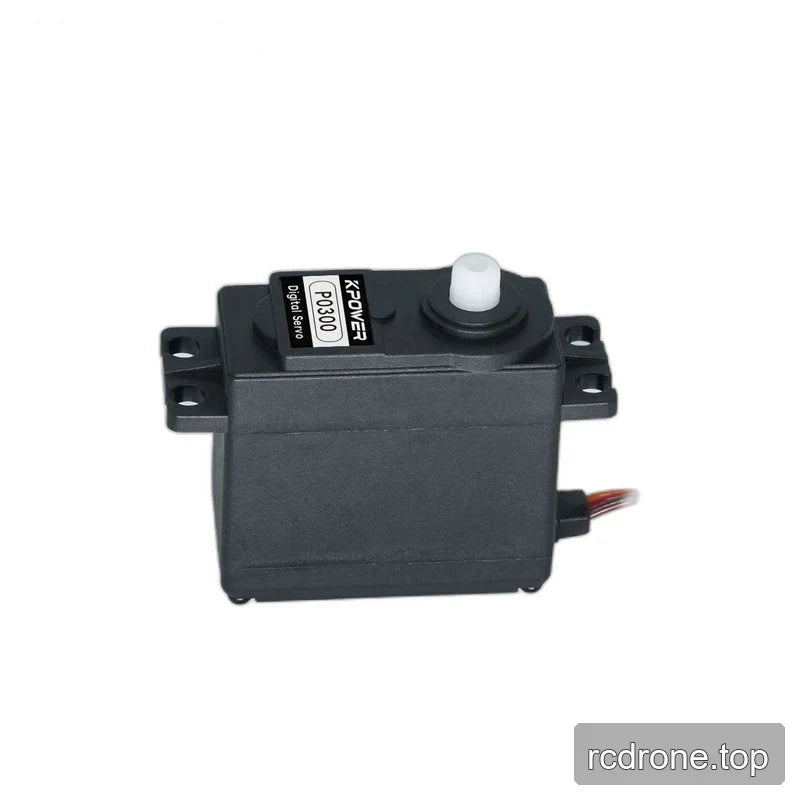 Black servo in horizontal side view with a white output shaft, mounting tabs at both ends, and wires emerging at the right.