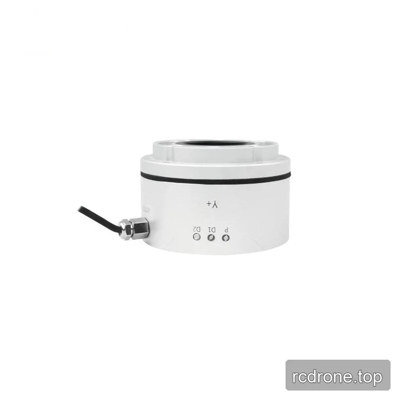 Side view of the silver sensor with a black cable extending left, a Y+ marking, and three indicators labeled P, D1, and D2.