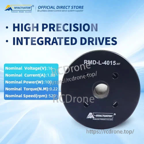 The RMD-L-4015-20T drive operates at 16V, 1.8A, delivering 100W power with 0.22N·m torque and 520rpm speed. It features an 18-bit encoder and CAN/RS485 interface, suitable for robotics and drones.