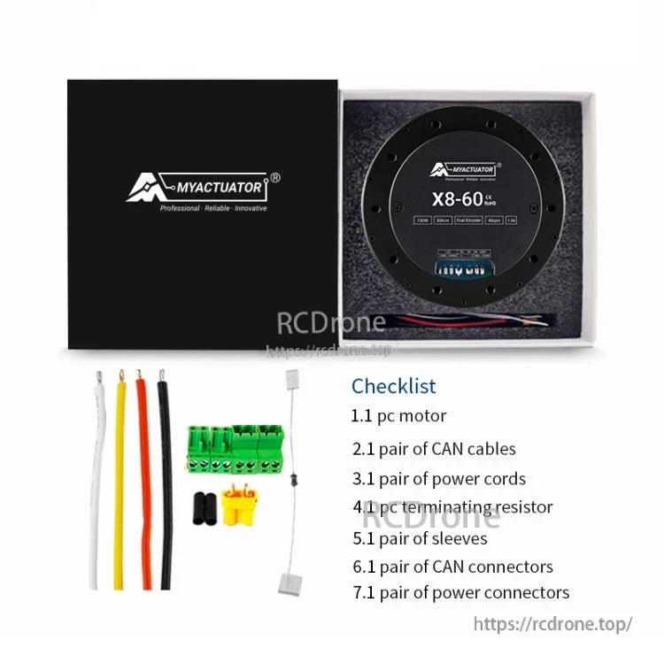 MyActuator X8-60 SS motor: 48V, 25N·m, 36:1 gear ratio, CAN BUS/RS485, dual encoder. Includes cables, resistor, sleeves, connectors for robot arms.