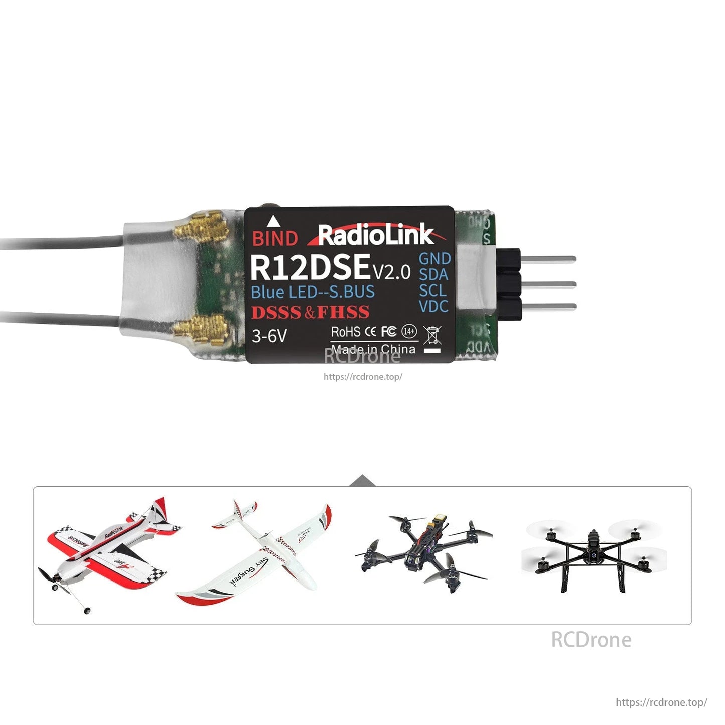 RadioLink R12DSE V2.0 2.4GHz receiver with SBUS/PPM, DSSS/FHSS, telemetry, BIND support, Blue LED, voltage range 3-6V, GND/SDA/SCL/VDC ports, made in China.