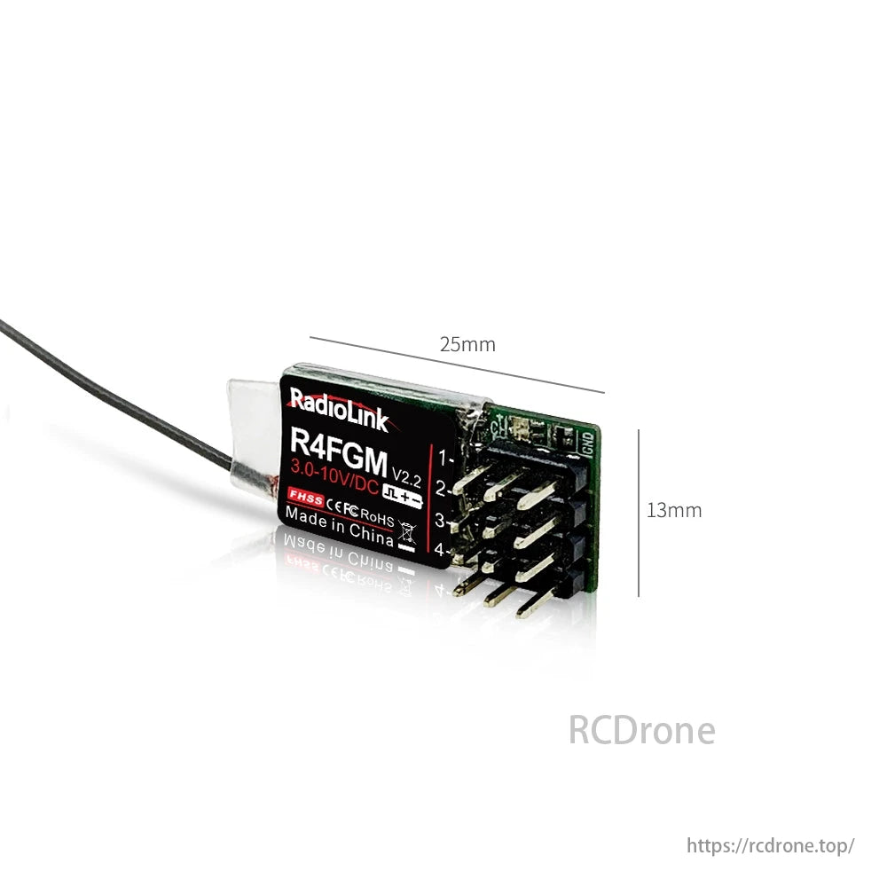 RadioLink R4FGM 4-Channel Mini Receiver, RadioLink R4FGM: 4-channel mini receiver with gyro for 1:28 RC cars, 3.0-10V DC, compact 25x13mm.