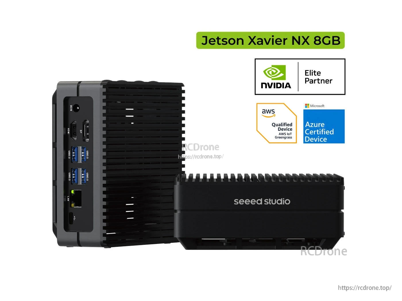 reComputer J2021 is a compact Jetson Xavier NX 8GB AI computer with HDMI/DP, 4x USB 3.1, GbE, M.2 E/M, certified by AWS and Azure, and backed by NVIDIA Elite Partner.