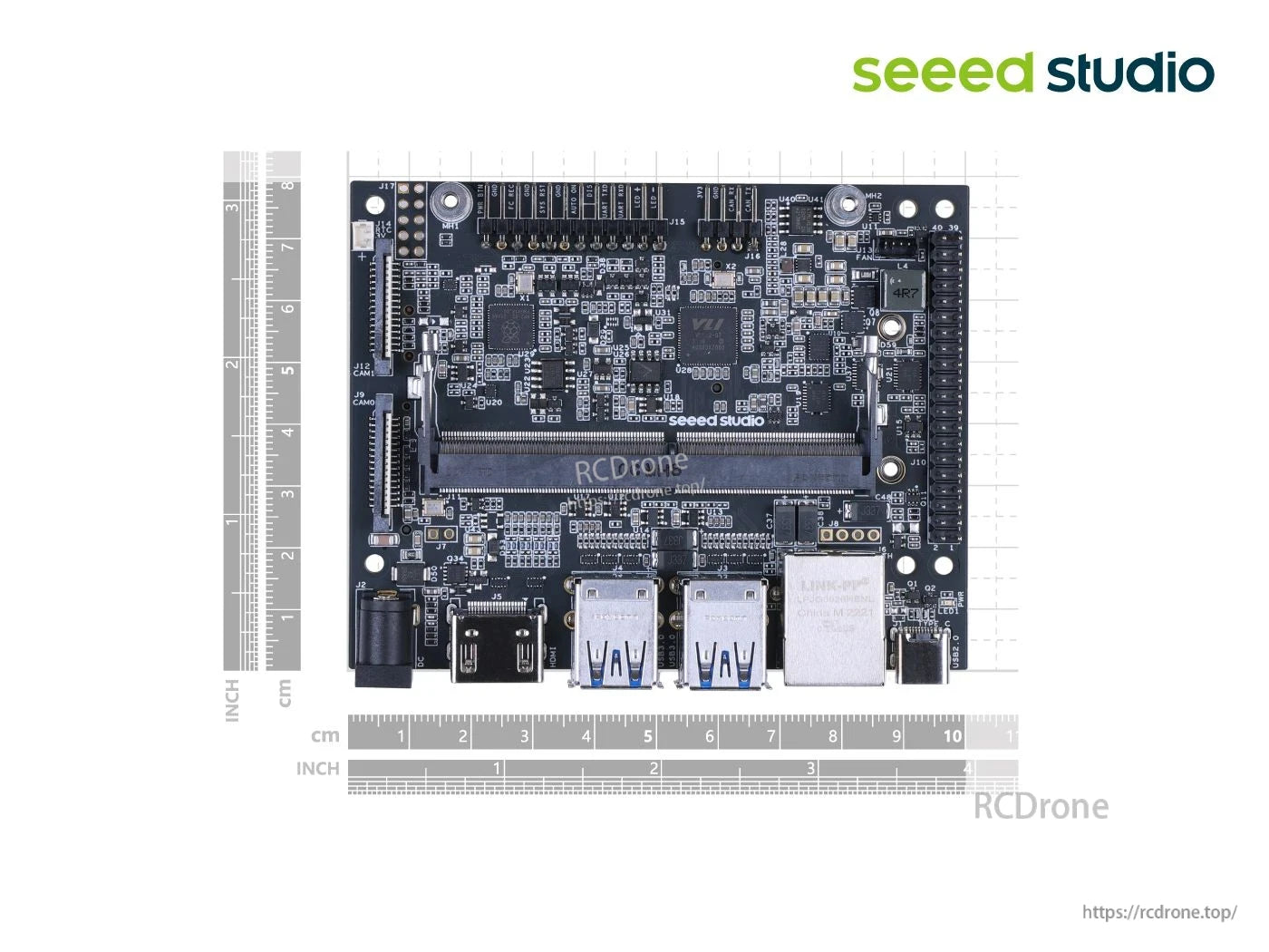 The reComputer J401 is a Jetson Orin Nano/NX carrier board with GbE, 4x USB 3.2, M.2 slots, HDMI 2.1, and 12V/5A input, designed by Seeed Studio.