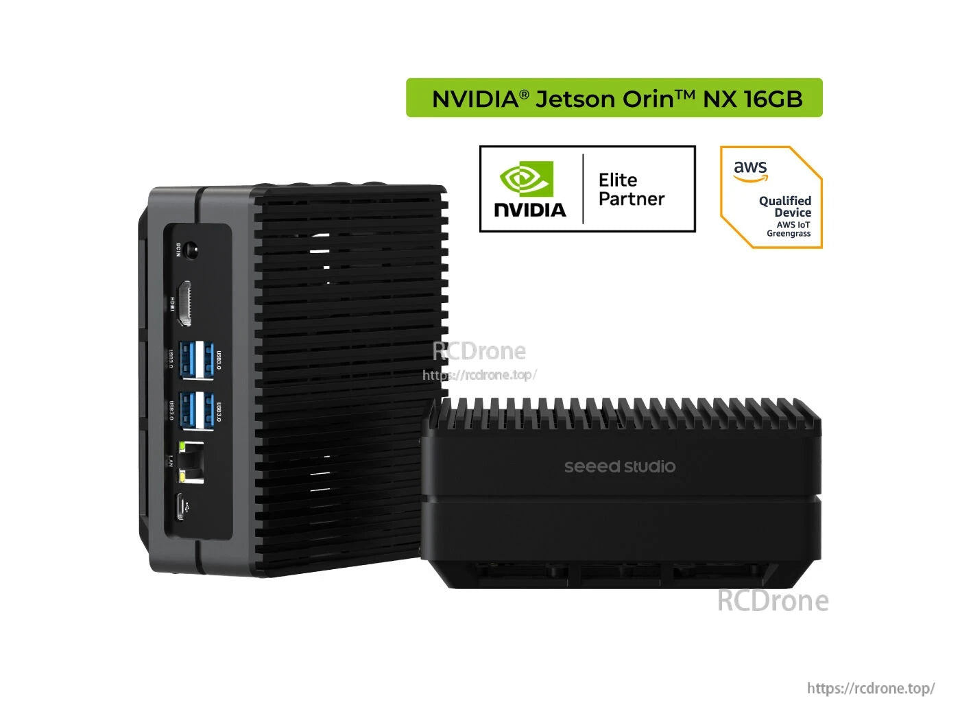 NVIDIA Jetson Orin NX 16GB with 128GB SSD, 100 TOPS AI performance, AWS Qualified Device, Elite Partner, developed by Seeed Studio for edge AI and robotics applications.