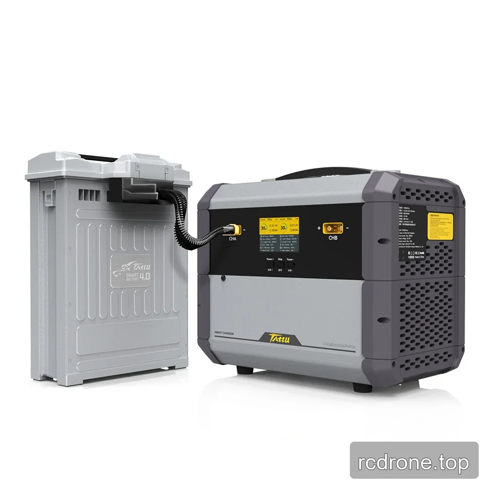 Tattu charger connected by a coiled cable to a gray Smart Battery 4.0 battery pack, shown on a white background.