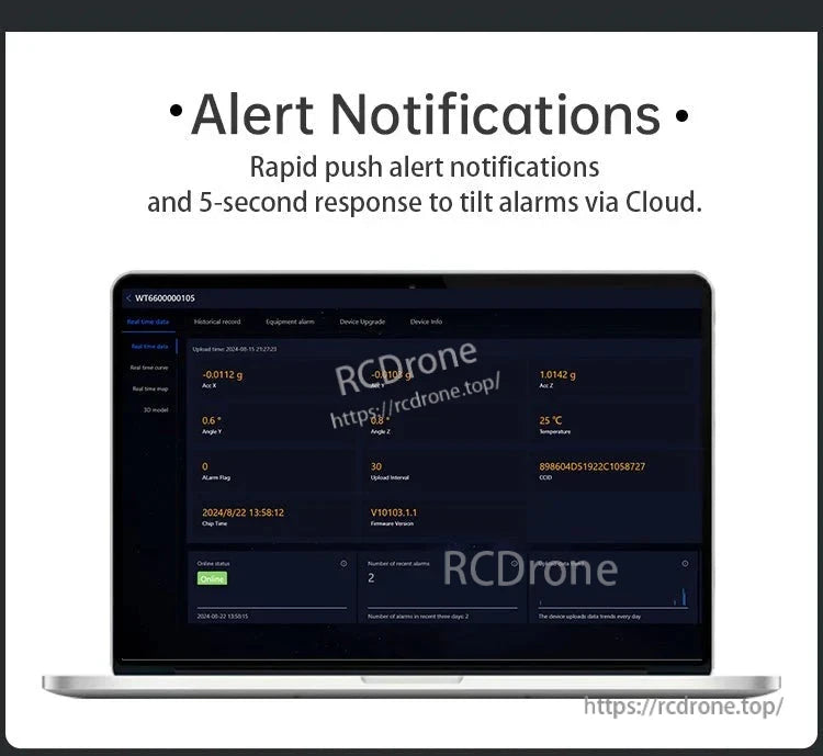 Receive instant alerts and 5-second tilt alarms via cloud; monitor real-time data including accelerometer, temperature, and firmware.