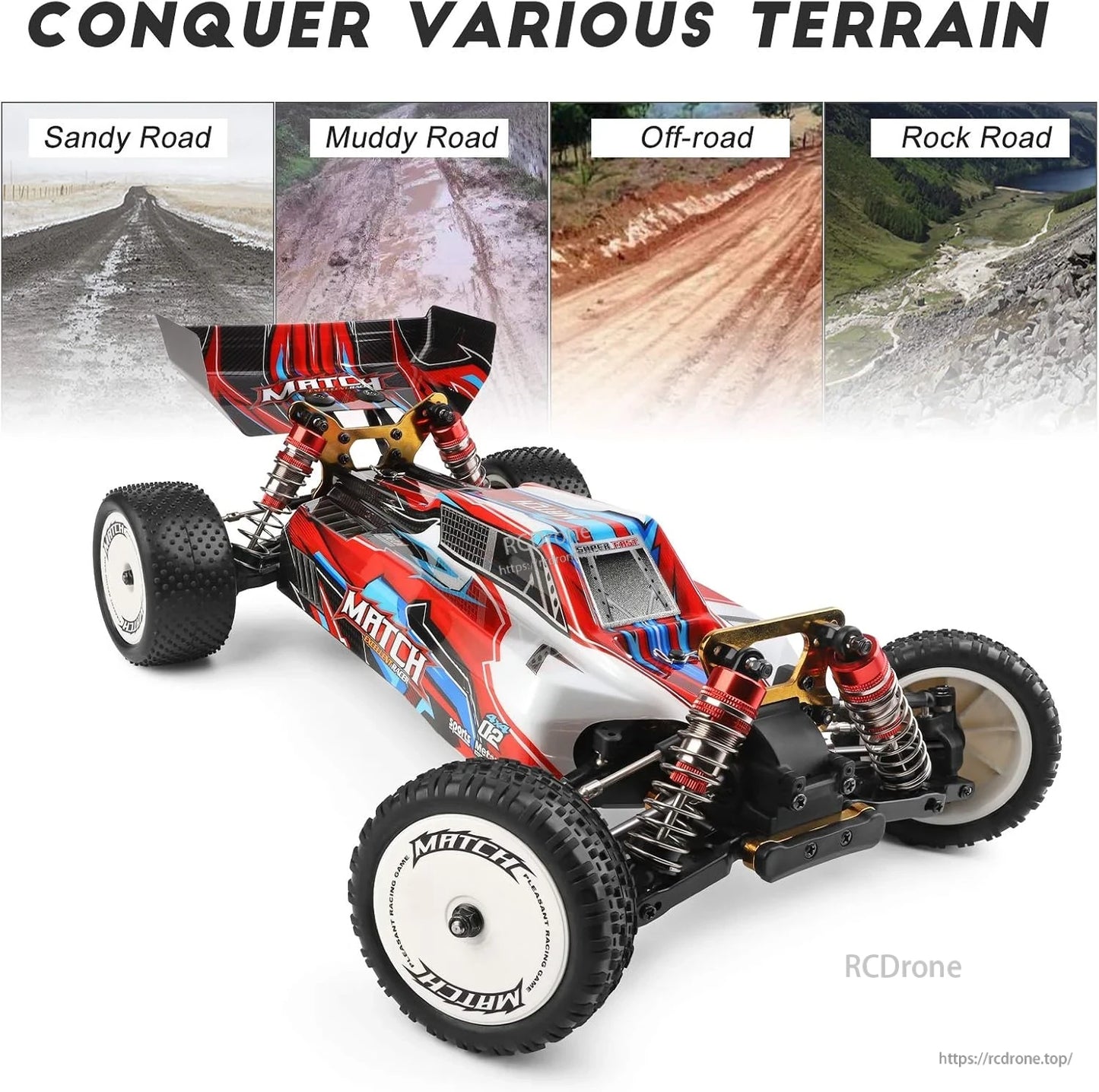 Wltoys 104001 RC Car, High-speed 1/10 scale 4WD RC buggy with alloy chassis, 550 brushed motor, 7.4V battery, handles sandy, muddy, rocky terrain.