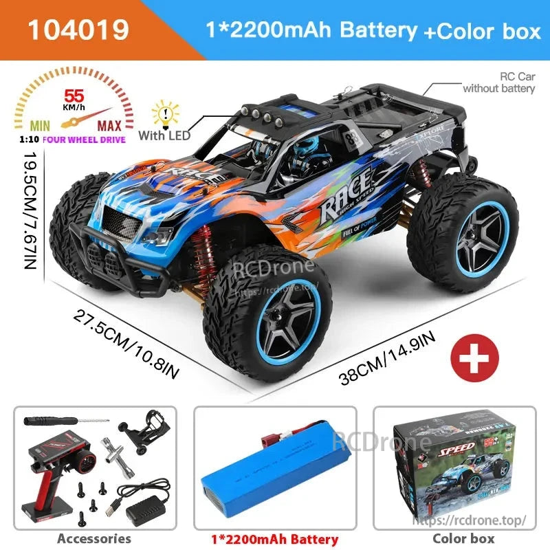 Wltoys 104019 1/10 2.4GHz 4WD Brushless RC Car, Wltoys 1/10 scale 2.4GHz 4WD brushless RC car with 55km/h speed, metal gears, LED lights, 3660 motor, 2200mAh battery, black-blue design, dimensions 38x27.5x19.5cm.