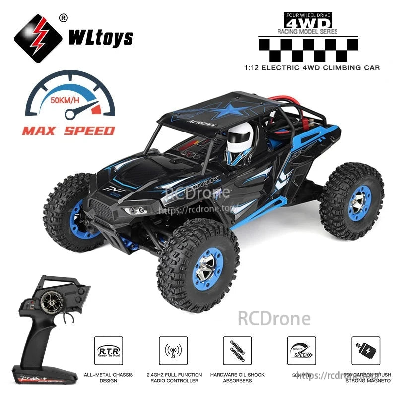 Wltoys 12428-B 1/12 4WD Brushed RC Climbing Car, Wltoys 1:12 electric climbing car: 50km/h max speed, all-metal chassis, 2.4GHz controller, oil shocks, strong motor, RTR, LED lights, off-road.