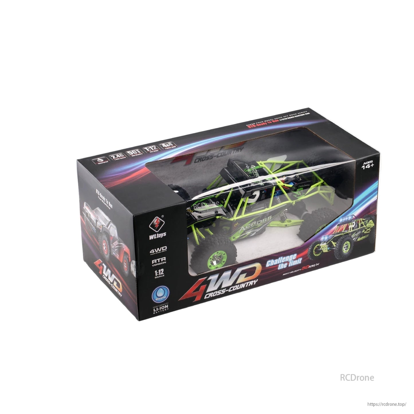 WLtoys 12428 RC Car, The WLTOYS 12428 is a 1:12 scale 4WD RC car for off-road climbing, featuring LED lights and a 540 brushed motor.