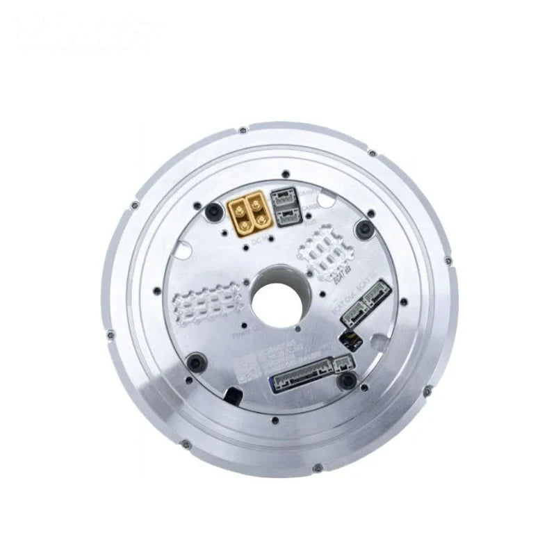 ZeroErr eRob 110 I motor underside connection plate with central bore, yellow power connector, and multiple ports.