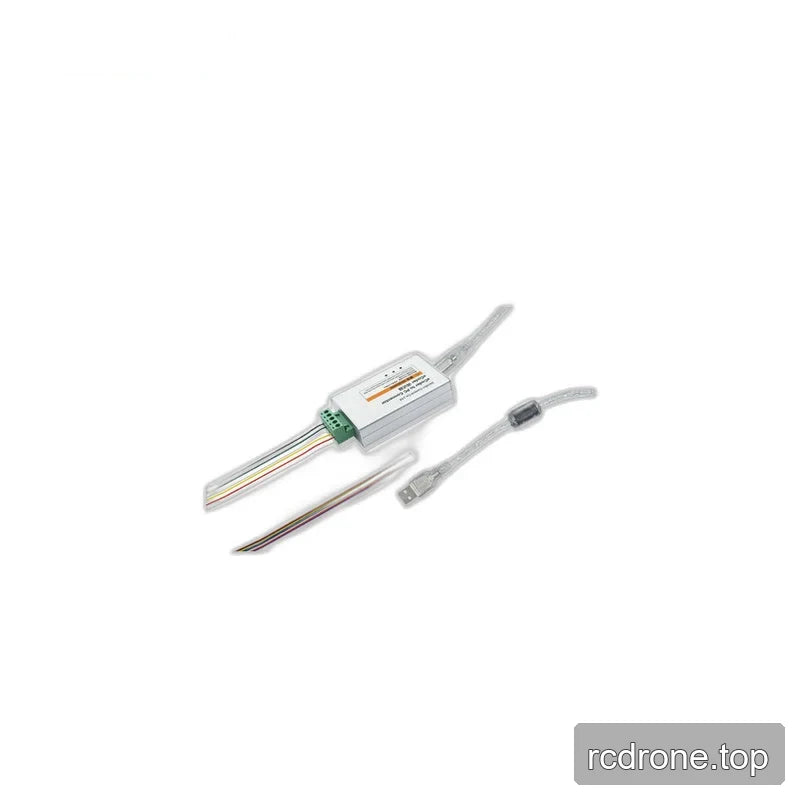 Silver eRob-eCoder to PC connector with green terminal block, multicolor ribbon cable, and USB cable.