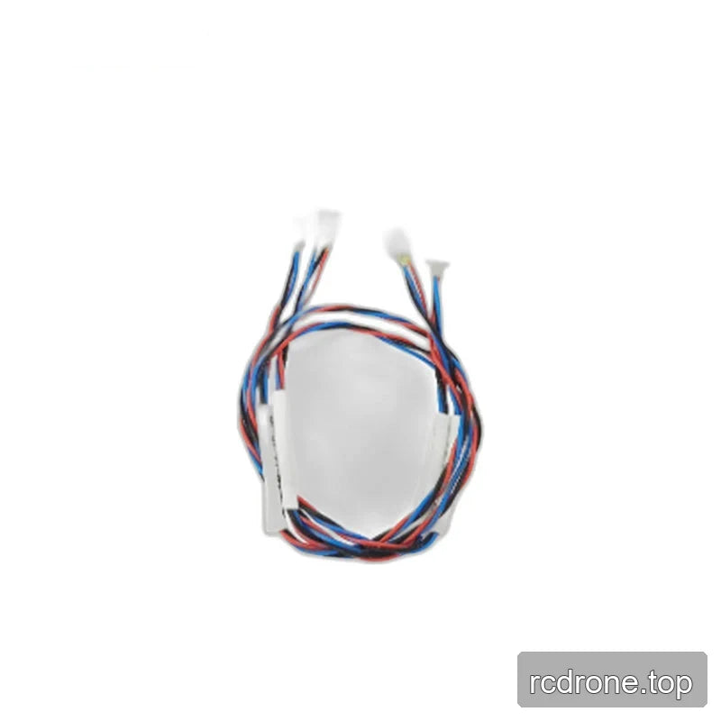 Coiled red, blue, black, and white cable with several small white connectors and two white inline label sections.