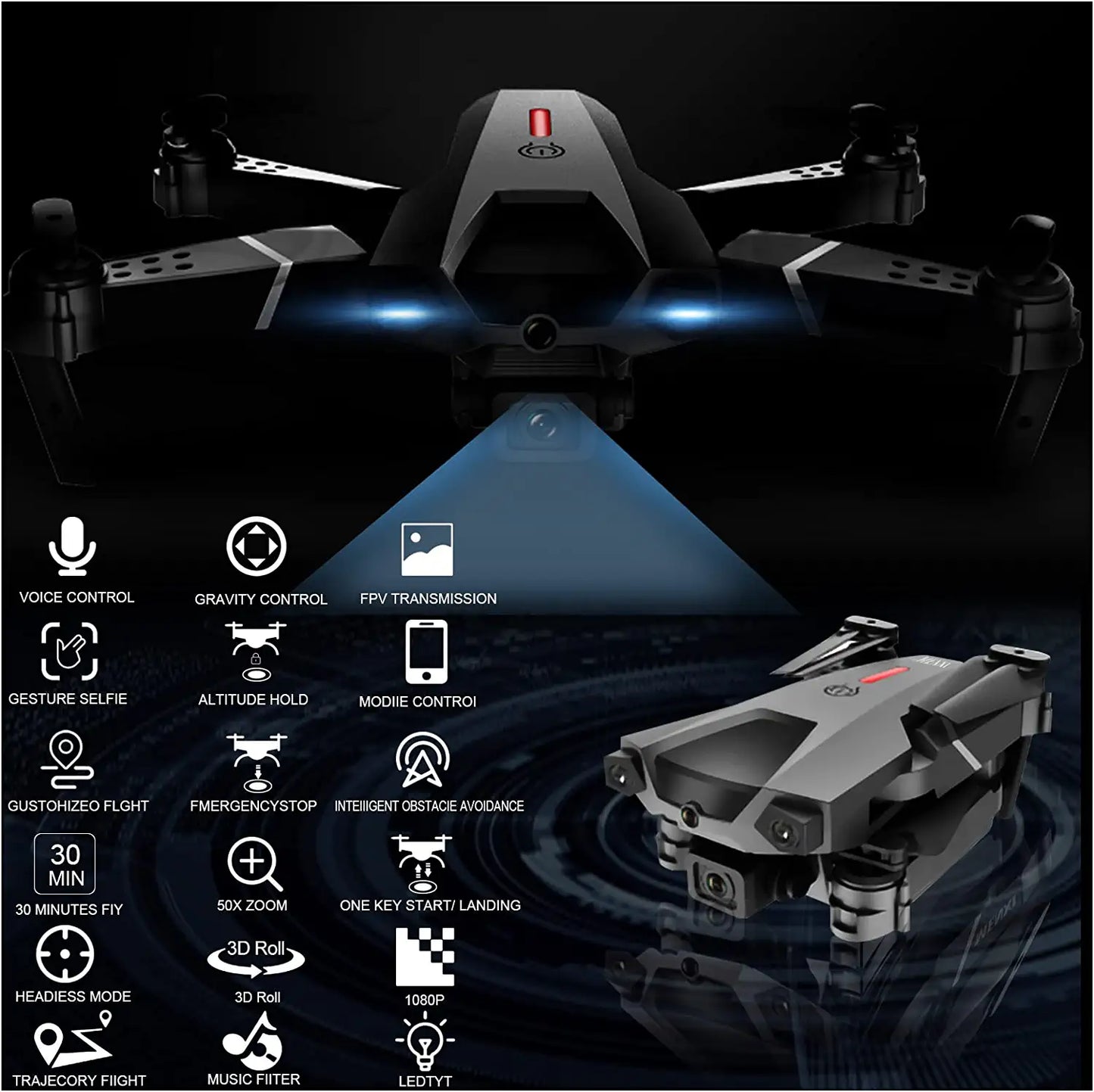 MENXI P5 Drone - with Camera for Adults Kids 1080P HD,RC Quadcopter WiFi FPV Live Video,Voice Control,Gesture Control,Altitude Hold,Headless Mode,Gravity Sensor,3 Directions of Obstacle Sensing,3D Flip - RCDrone