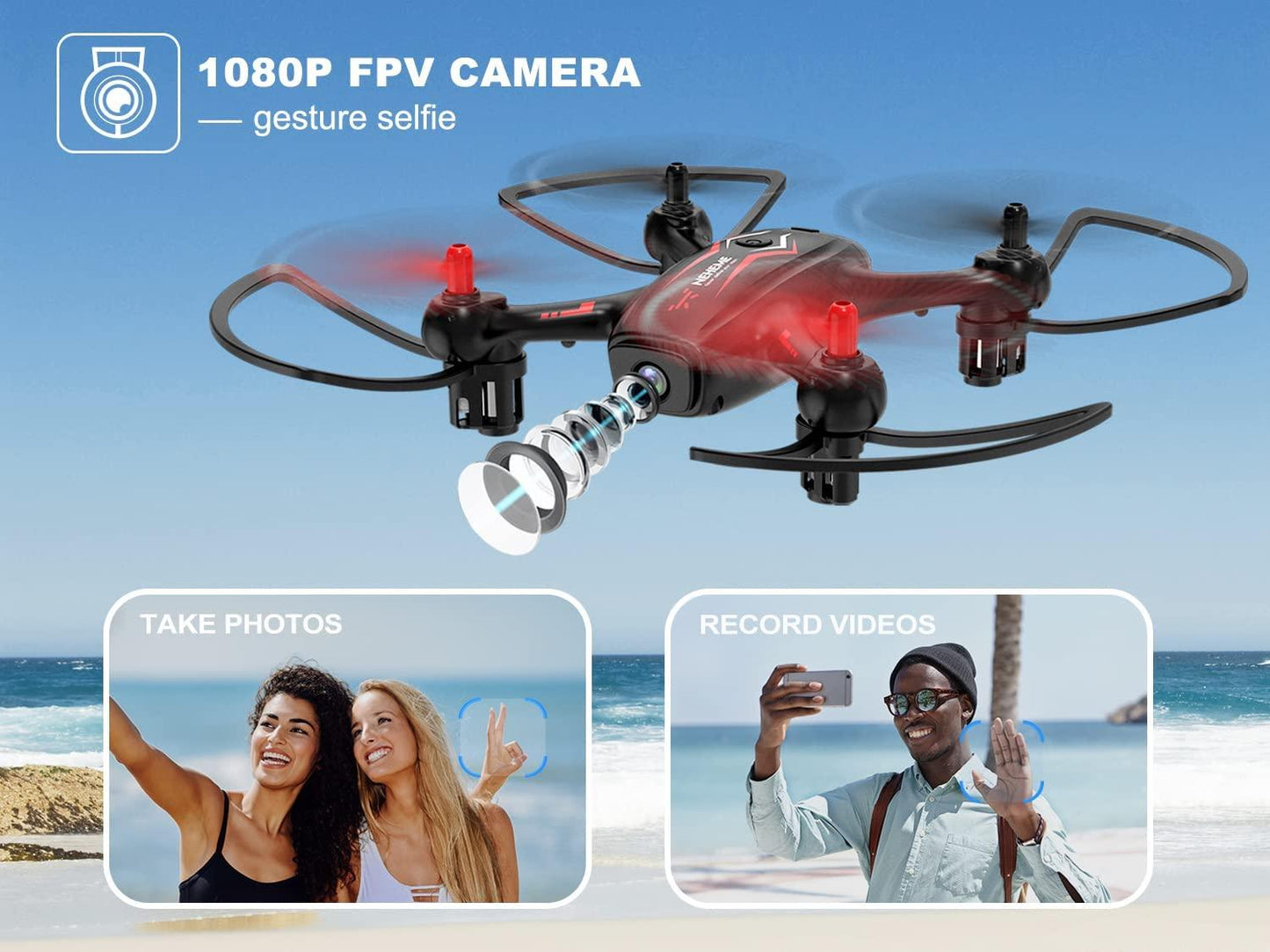 NEHEME NH530 Drones - With Camera for Adults Kids, FPV Drone with 1080P HD Camera , RC Quadcopter for Beginners with Gravity Sensor, Headless Mode, One Key Return/Take Off/Landing, Drone with 2 Batteries - RCDrone