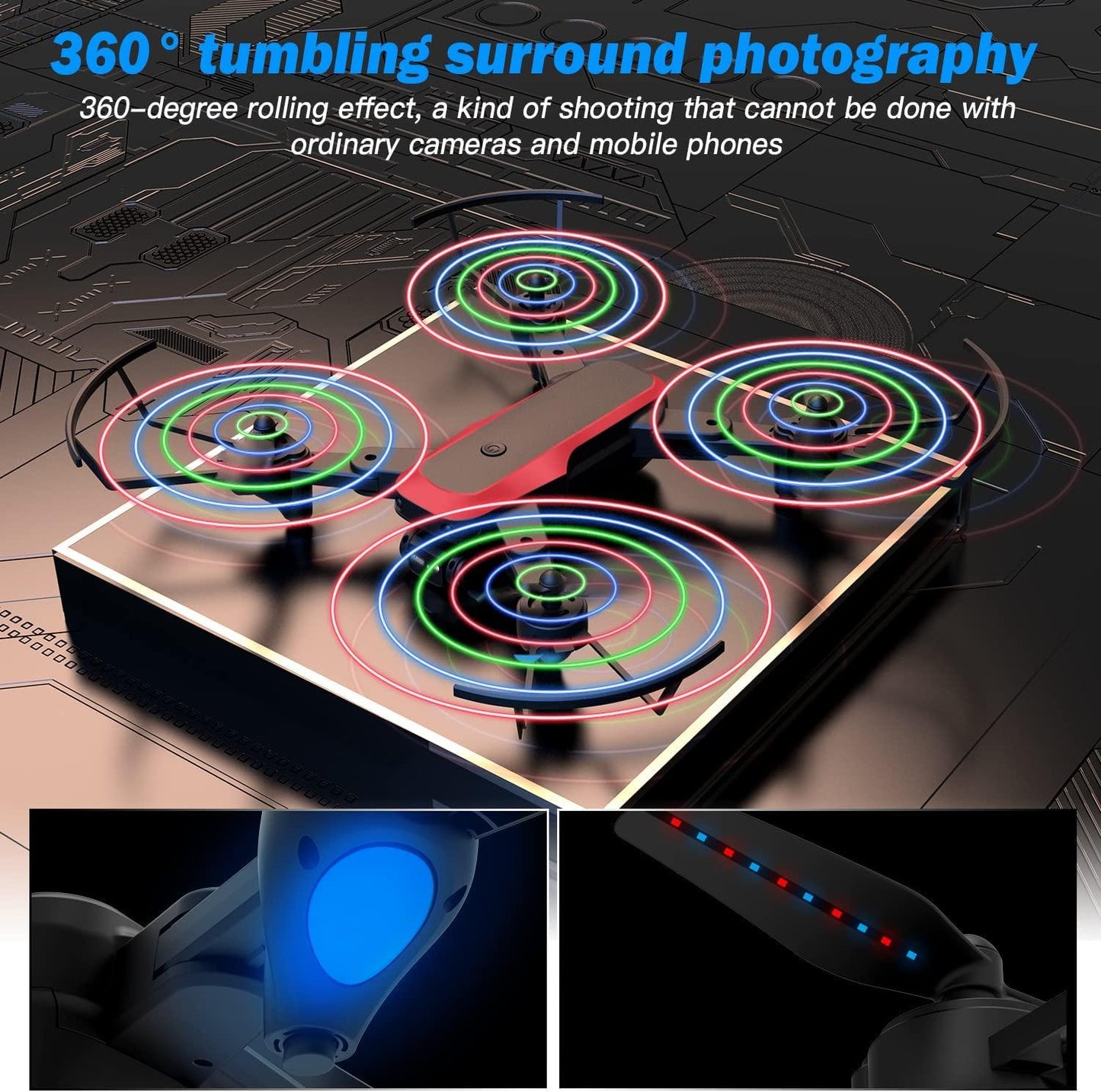 TizzyToy Drone - With Camera 6K, Equipped with Two Batteries, Additional 4 Blades and Charging Cable, Optical Flow Hovering, One-button 360° Flip, Equipped with RGB Lighting Fan Blades One Key Start Mode - RCDrone