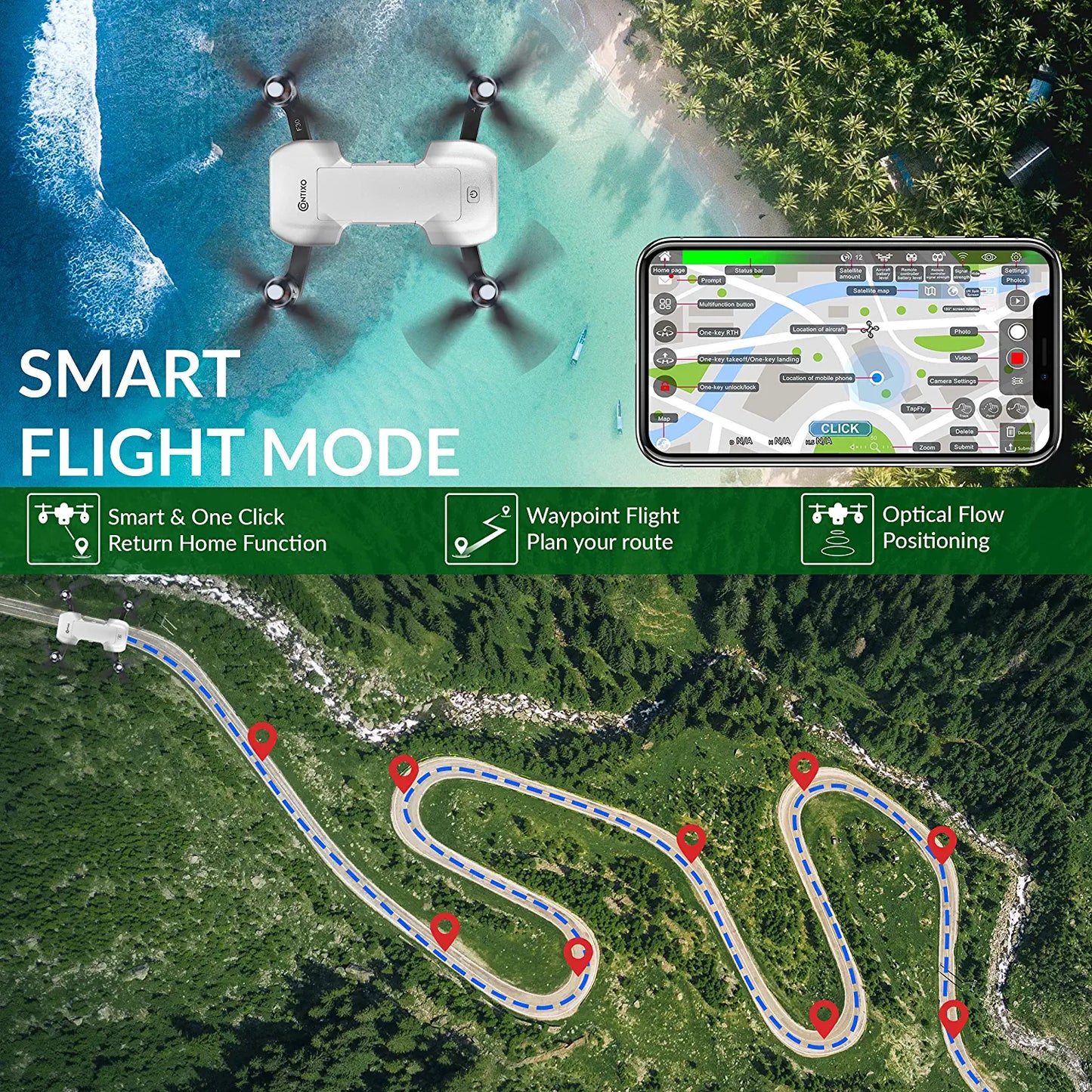 Contixo F30 Drone - for Kids & Adults WiFi 4K HD UHD Camera and GPS, FPV Quadcopter for Beginners, Foldable mini drone, Brushless Motor, Follow Me, Two Batteries and Carrying Case Included Professional Camera Drone - RCDrone