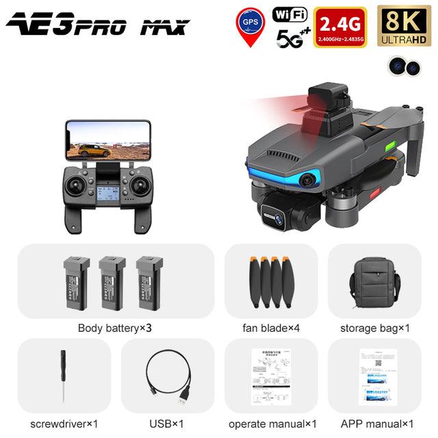 AE3 Pro Max Drone - 8K HD Dual Camera 6Axis EIS Gimbal 5G Wifi GPS FPV Folding RC Drones Quadcopter Professional Camera Drone - RCDrone