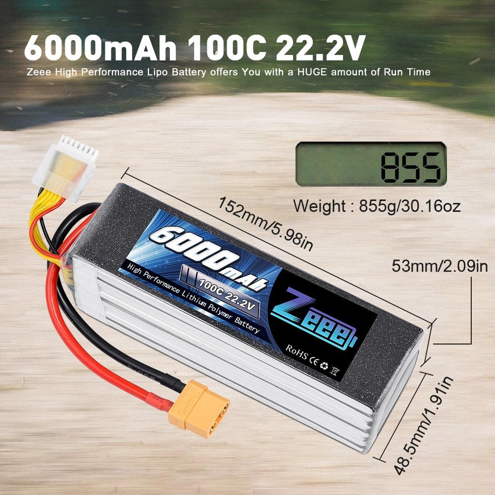Zeee Lipo Battery 22.2V 6000mAh - 100C XT90 Plug 6S RC Lipo Battery for Drone Racing FPV Helicopter Car Boat Truck RC Battery Part - RCDrone