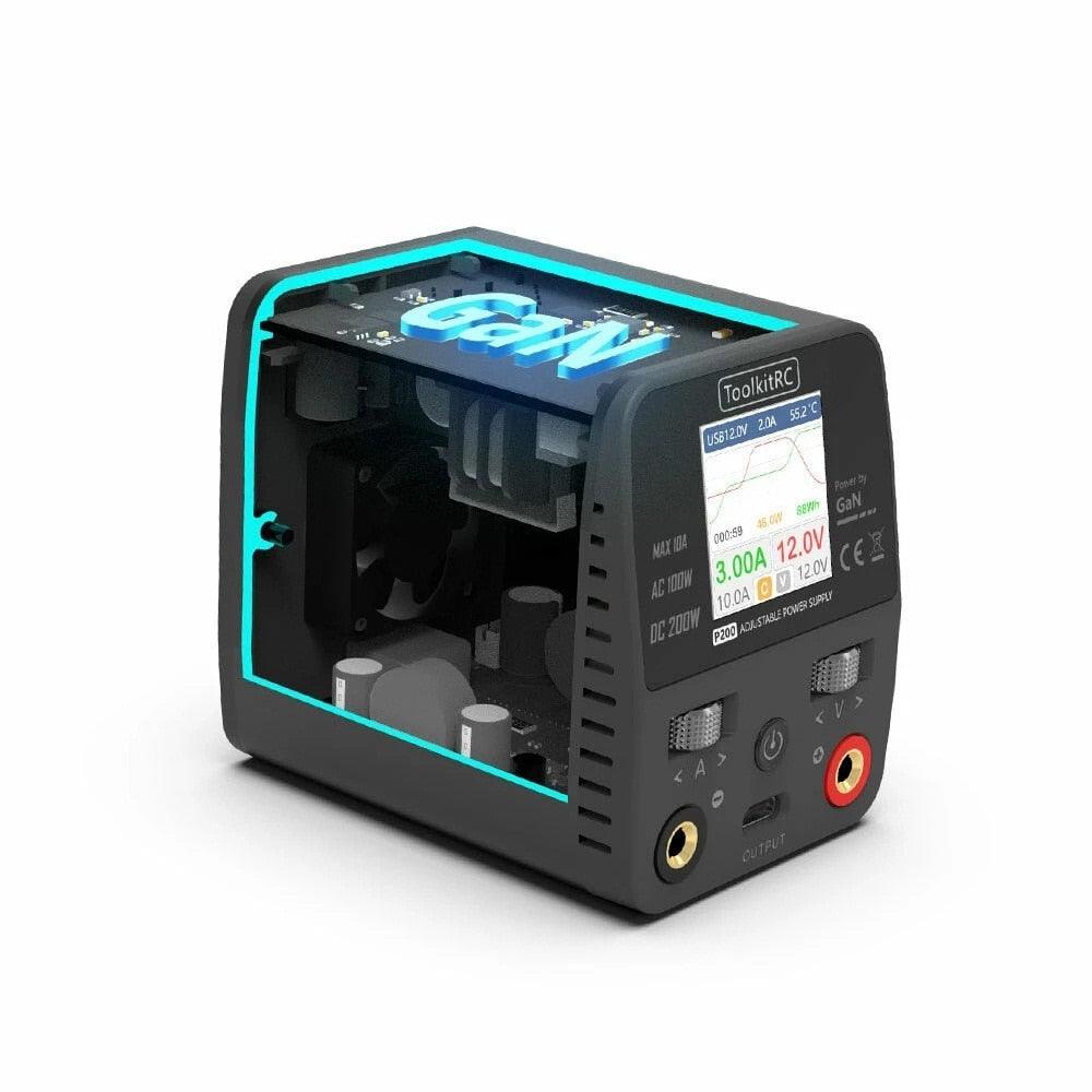 ToolkitRC P200 Power Supply - Mini 30V AC100W DC200W 10A GaN Adjustable Mini Desktop Power Supply USB Output Drone Battery Charger - RCDrone