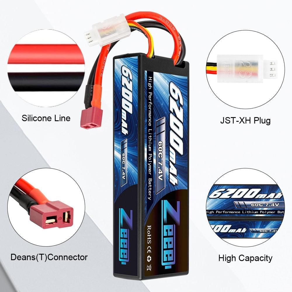 1/2units Zeee 7.4V 60C 6200mAh Lipo Battery - with Deans Plug 2S Hardcase RC Lipo Battery for RC Car Truck Vehicles Truggy Boat - RCDrone