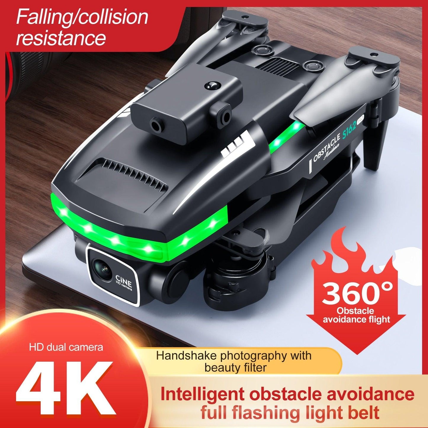 S162 Pro Drone - WIFI FPV With LED Light Bar HD 4K Beauty Shot Camera Height Hold RC Foldable Quadcopter Drones Kid Gift Toys - RCDrone