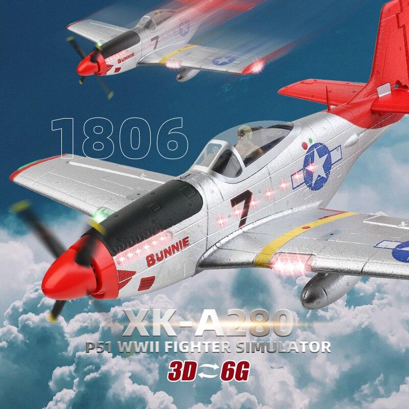WLtoys A280 Brushless Motor RC Airplane - P51 Fighter Simulator 2.4G 3D6G Mode Aircraft with LED Searchlight Plane Toys for Adults - RCDrone